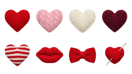 Knitted heart and craft element set including red, pink, white, striped, bow, lips, and yarn ball variants. Valentine Day and handmade hobby collection.