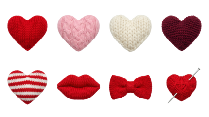 Knitted heart and craft element set including red, pink, white, striped, bow, lips, and yarn ball variants. Valentine Day and handmade hobby collection.