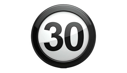 A white circular icon with the number "30" in bold black font, encircled in a black border