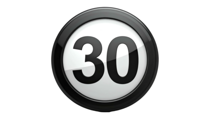 A white circular icon with the number "30" in bold black font, encircled in a black border