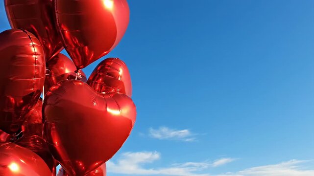 Red heart-shaped foil balloons swaying in blue sky. Love and celebration concept with copy space.