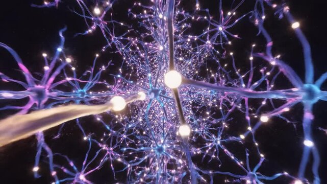 Neural network visualization glowing synapse and neuron filaments electric purple and blue, luminescent neuron structure with sparkling connectivity and dynamic network glow conveying energy