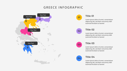 Greece map infographic template with 4 options. Greece administrative map infographic for presentation.
