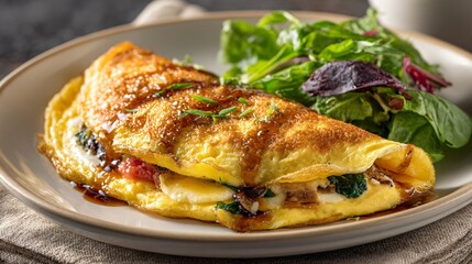 Soft-centered omelette sliced cleanly to reveal texture, off-white porcelain plate, neutral linen backdrop, refined restaurant lighting