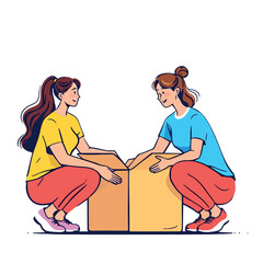 Vsai women packing cardboard boxes for moving house