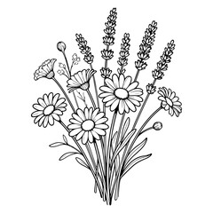 Line Art Bouquet of Daisies and Lavender