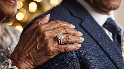 Older Black woman's hand with sparkling diamond ring on man's shoulder. Elegant couple celebrating love and partnership. Engagement and wedding concept