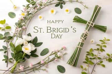Happy St Brigid's Day Floral Cross Wreath, White Flowers Green Rushes Brigid Cross Greeting, Saint Brigid's Day Botanical Cross Arrangement, Imbolc Inspired Floral Brigid Cross Celebration, Elegant Wh