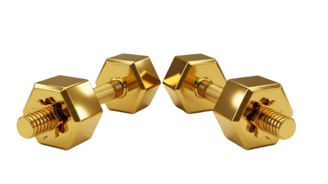 Luxury golden dumbbells resembling nuts and bolts for a premium fitness concept - Powered by Adobe