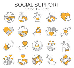 Charity and social support icons, such as help, care, donation, trust, cooperation, and kindness. Editable stroke.