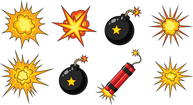 Cartoon Explosion and Bomb Icons Set with Comic Burst Effects Vector Illustration.