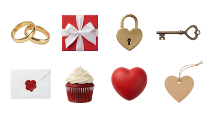 Valentine's Day romantic icon set including gold rings, gift box, heart lock, key, wax seal, cupcake, and tag isolated. Love and wedding anniversary collection.