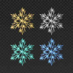 Set of four elegant vector snowflakes in gold, blue, silver, and mint green colors. Each intricate filigree crystal features a shimmering glitter texture, brilliant light flares, and magical glowing