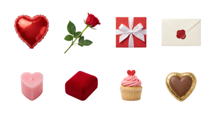 Valentine's day gift set including heart balloon, red rose, present box, love letter, candle, ring case, cupcake, and chocolate isolated. Romantic anniversary and wedding celebration elements.