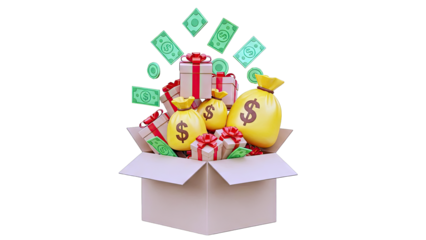 Box Overflowing with Money Bags, Gifts, and Currency