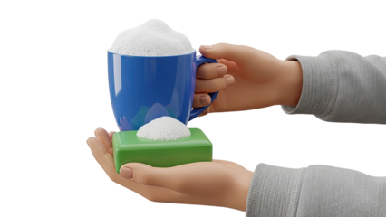 Hands holding soap and foamy mug