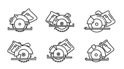 Line art illustrations of circular saws in varying positions silhouette