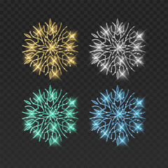 Set of four elegant vector snowflakes in gold, blue, silver, and mint green colors. Each intricate filigree crystal features a shimmering glitter texture, brilliant light flares, and magical glowing