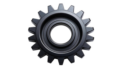 Close-up of a dark metallic gear with sharp teeth, isolated on black background
