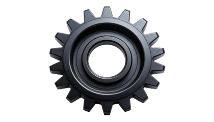 Close-up of a dark metallic gear with sharp teeth, isolated on black background