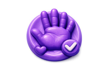 Purple handprint icon with check mark and heart for design and branding