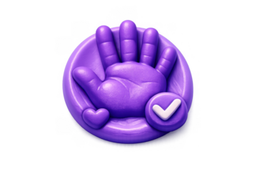 Purple handprint icon with check mark and heart for design and branding