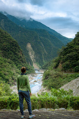 Traveler Woman on Wooden Deck Overlooking Liwu River Valley, Taroko National Park, Taiwan