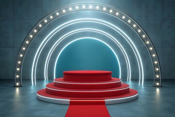 Grand Award Ceremony Stage with Circular Red Pedestal and Futuristic Light Arch