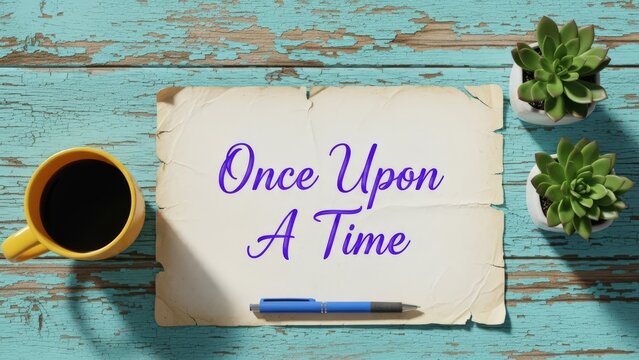 Vintage Parchment With 'Once Upon A Time' Text and Pen on Distressed Wooden Surface
