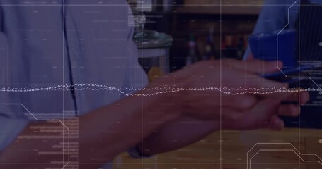 Animation of data processing over diverse people ordering coffee - Powered by Adobe