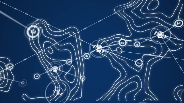 Animation of profile with network and graph icons connecting with lines over abstract patterns