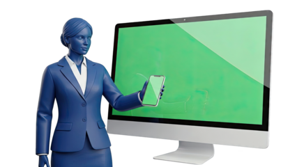 Businesswoman presenting with smartphone and green screen computer