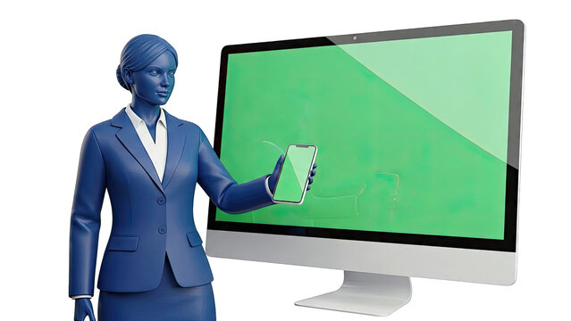 Businesswoman presenting with smartphone and green screen computer - Powered by Adobe