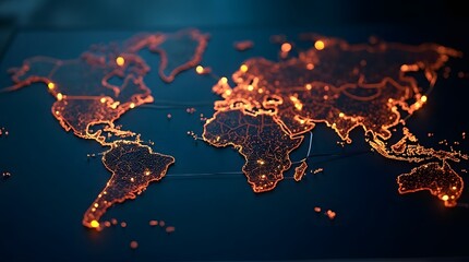 Digital World Map with Glowing Orange Network Connections, Data Points, and Futuristic Global Communication on Dark Blue Background