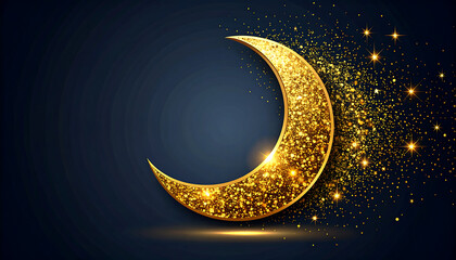 Sparkling Golden Crescent Moon with Glittering Stars on Dark Blue Background