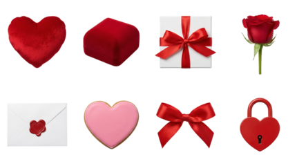 Valentine's day romantic set including heart pillow, jewelry box, gift, rose, envelope, cookie, ribbon, and padlock isolated. Love and anniversary holiday collection.