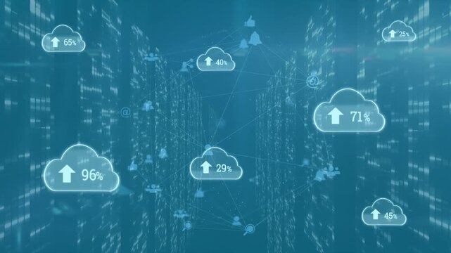 Animation of multiple cloud icons with increasing against mosaic squares against blue background