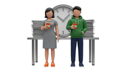 People with Coffee Cups Waiting by Clock and Stacks of Papers