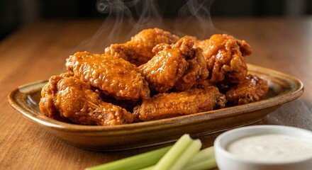 Hot and Spicy Buffalo Chicken Wings on Plate with Celery and Ranch Dressing