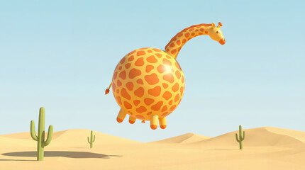 A surreal illustration of a balloon-shaped giraffe soaring over sand dunes and cacti