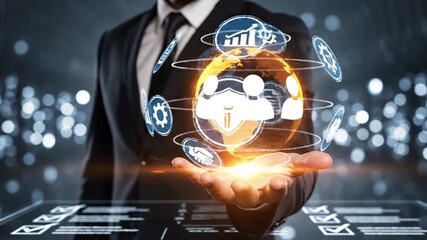 Businessman presenting a global digital business network, showcasing integrated management, team collaboration, and secure operations for enhanced efficiency, productivity, and strategic growth. - Powered by Adobe