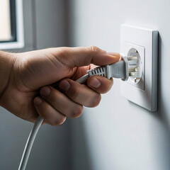 Naklejka premium Close-up of a person's hand inserting a white electrical plug into a wall socket, connecting to power.
