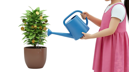 Child watering money tree with coins