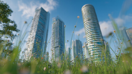 Naklejka premium 青空と草むら越しに立つ都市高層ビル群、爽快な遠景