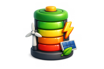 Energy storage concept with colorful battery icon featuring wind turbine and solar panel