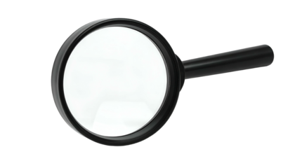 A close-up of a magnifying glass with a black handle and a clear, round lens, on black