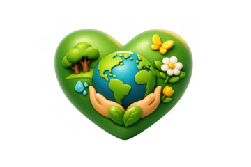 Nature love icon with heart shape design featuring trees, earth, flowers, and hands for environmental awareness