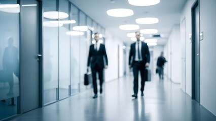 Abstract blurred businessmen walking in modern bright glass office hallway