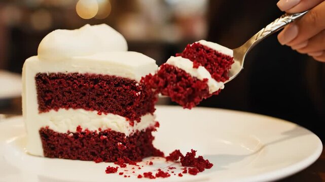 Close-up of a woman's hand eating a slice of red velvet cake with a fork. Delicious layered dessert with white cream frosting in a cafe. Valentine's Day concept
