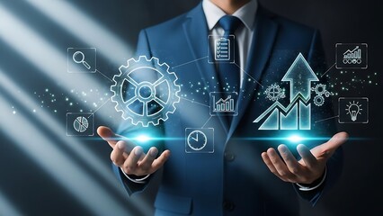 Business professional holding digital innovation and industry growth icons